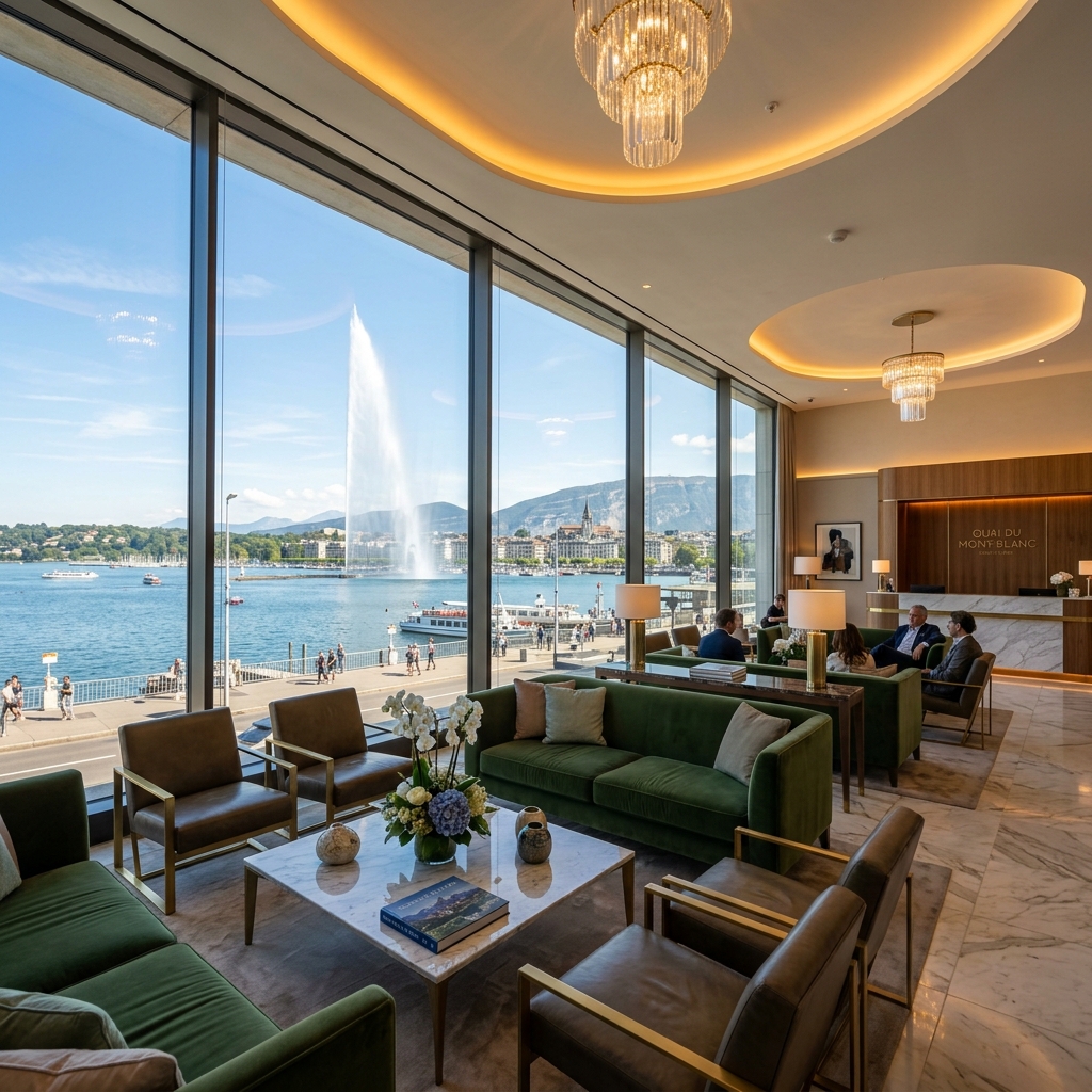 Vue panoramique depuis le hall d’un hôtel d’exception sur le Jet d’Eau de Genève