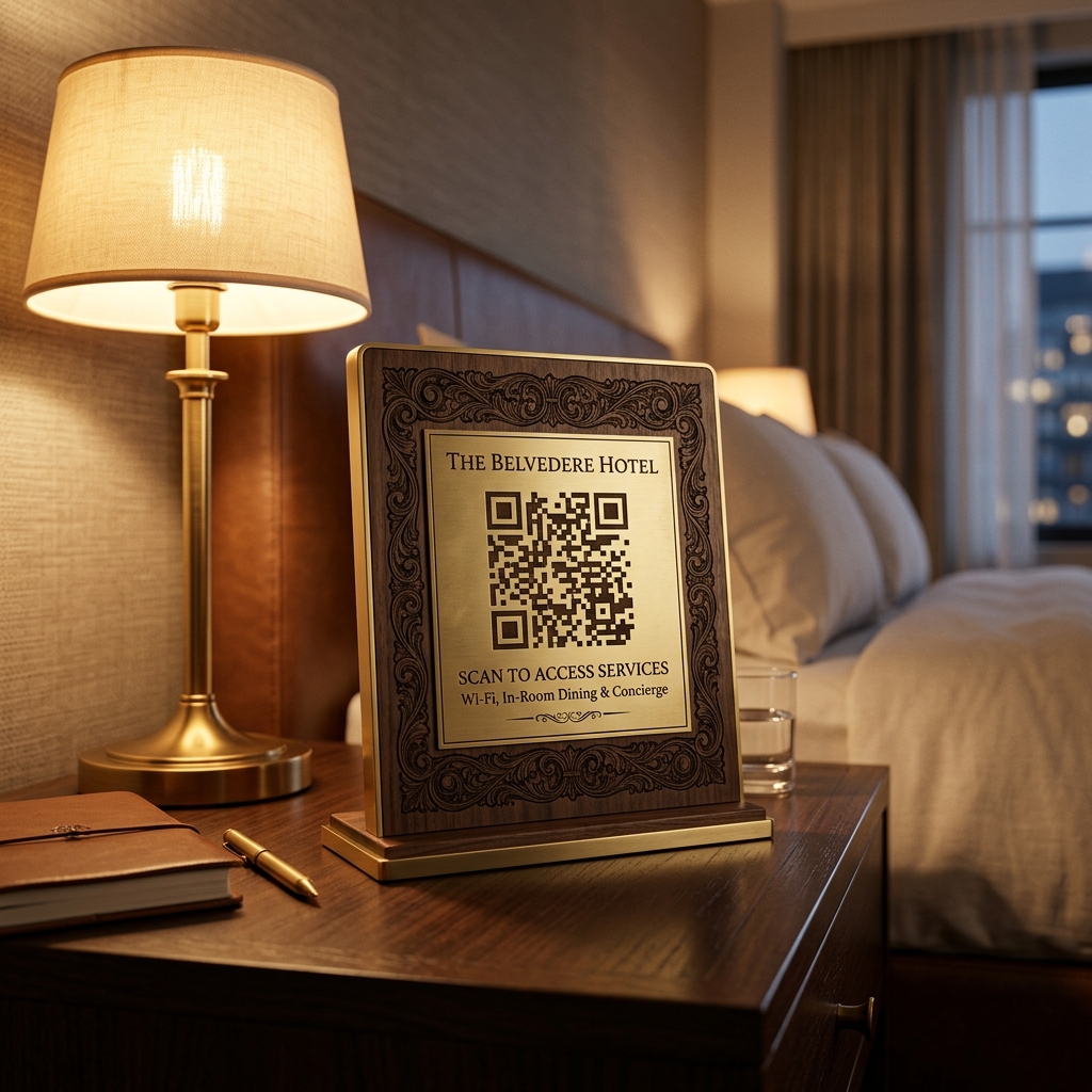 Support QR WelcomeKit posé dans une chambre d’hôtel
